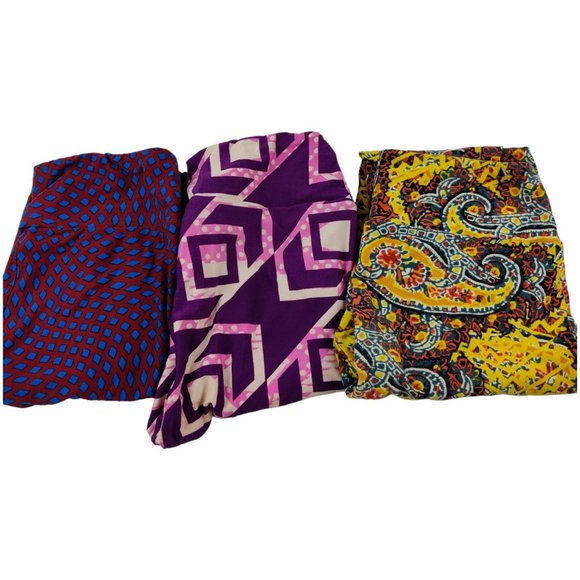 Lot of 3 LuLaRoe Leggings Yellow Paisley Geometric Purple Red Blue - Picture 2 of 3